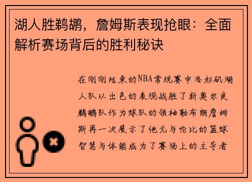 湖人胜鹈鹕，詹姆斯表现抢眼：全面解析赛场背后的胜利秘诀
